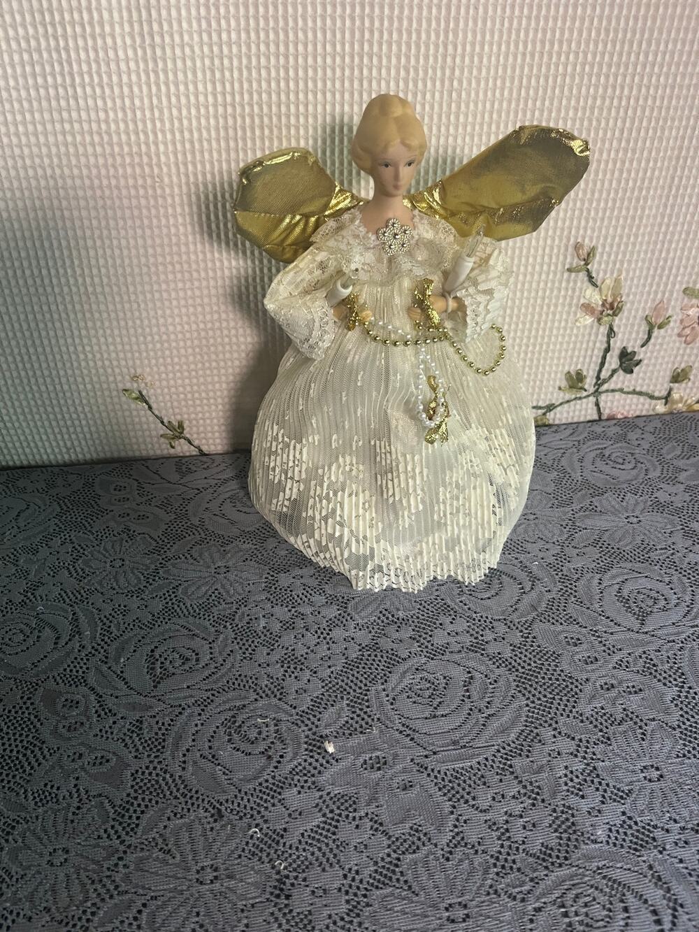 Vintage Porcelain Angel Christmas Tree Topper Lighted Gold Wings Cream Lace